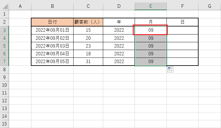 エクセルMID関数での表の表示結果サンプル